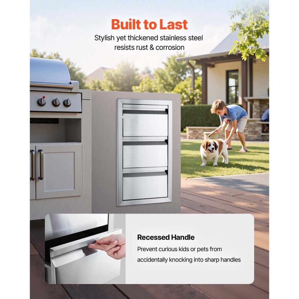 Outdoor Kitchen Drawers 15" W x 25.4" H x 19" D, Box Frame Style Flush Mount BBQ Drawers with Stainless Steel Handle, BBQ Island Drawers for Outdoor Kitchens or Patio Grill Station