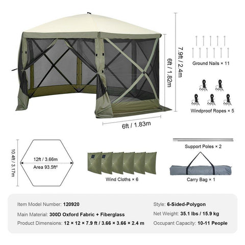 Pop Up Gazebo Tent, Pop-Up Screen Tent 6 Sided Canopy Sun Shelter with 6 Removable Privacy Wind Cloths & Mesh Windows, 12x12FT Quick Set Screen Tent with Mosquito Netting, Army Green