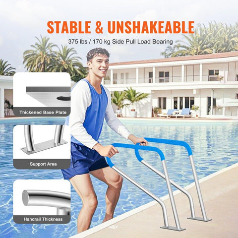 Pool Handrail, 39 x 32 inch Railing, Stainless Steel with Base Plate for Indoor/Outdoor Pools, Safety Railing for Decks, Rust-Proof Grab Bar w/Grip Cover & Accessories for Spas
