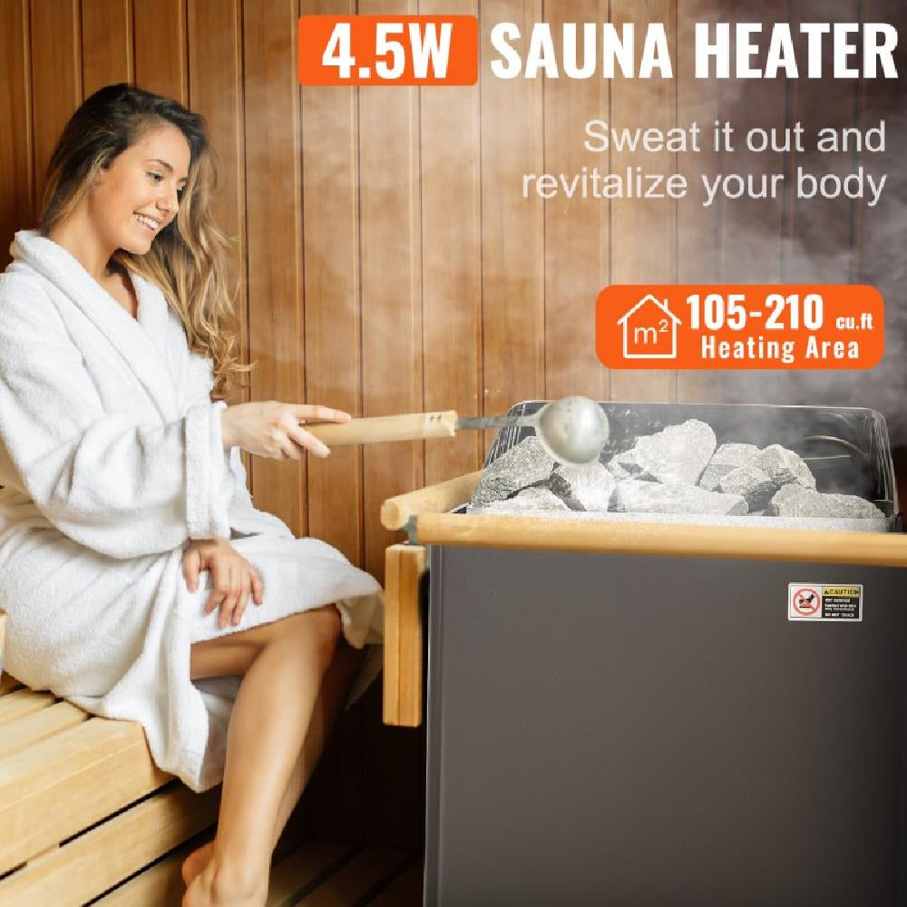 Sauna Heater, 4.5KW 220V Electric Sauna Stove, Steam Bath Sauna Heater with Built-In Controls, 3h Timer and Adjustable Temp for Max. 105-210 Cubic Feet, Home Hotel Spa Shower Use, FCC Certification