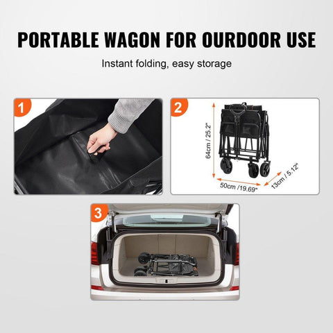 Collapsible Folding Wagon 2 cu ft Beach Cart with All Terrain 5 in Wheels Heavy Duty 220 lbs Capacity with Drink Holders for Camping Shopping and Garden