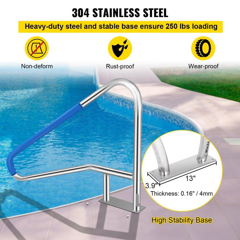 Pool Handrail 55 x 32 inch 304 Stainless Steel Rust Proof 250 lbs Load Capacity with Blue Grip Cover M8 Drill Bit and Self Taping Screws