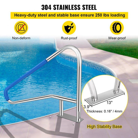 Pool Handrail 55 x 32 inch 304 Stainless Steel Rust Proof 250 lbs Load Capacity with Blue Grip Cover M8 Drill Bit and Self Taping Screws