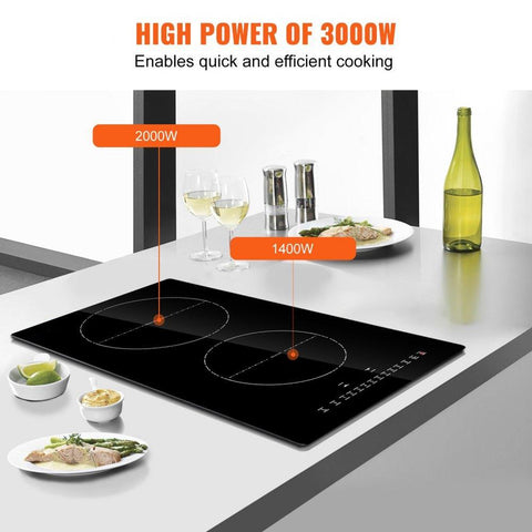Electric Cooktop, 2 Burners, 12'' Induction Stove Top, Built-in Magnetic Cooktop 3000W, 9 Heating Level Multifunctional Burner, LED Touch Screen w/ Child Lock & Over-Temperature Protection