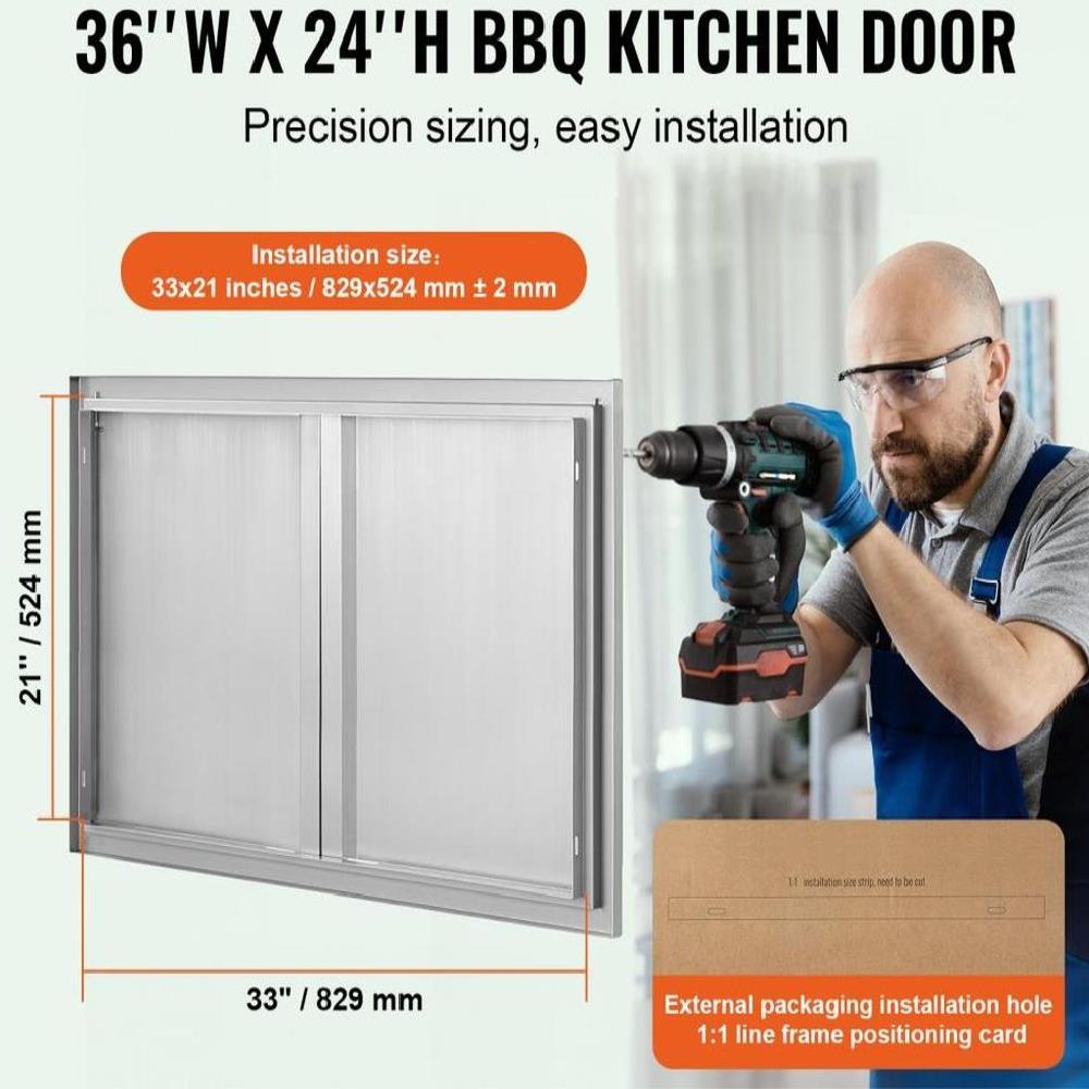 BBQ Access Door, 36W x 24H Inch Double Outdoor Kitchen Door, Stainless Steel Flush Mount Door, Wall Vertical Door with Recessed Handles , for BBQ Island, Grilling Station, Outside Cabinet