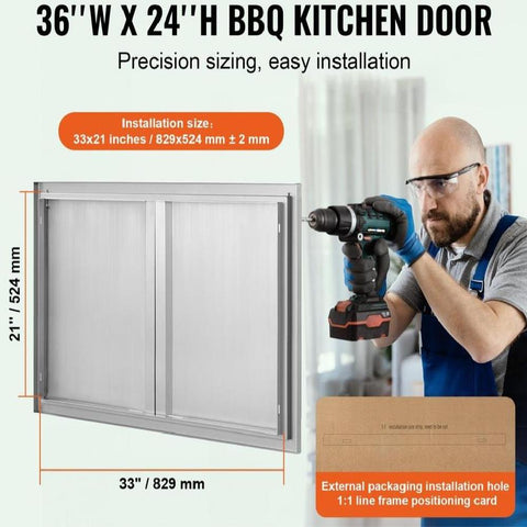 BBQ Access Door, 36W x 24H Inch Double Outdoor Kitchen Door, Stainless Steel Flush Mount Door, Wall Vertical Door with Recessed Handles , for BBQ Island, Grilling Station, Outside Cabinet