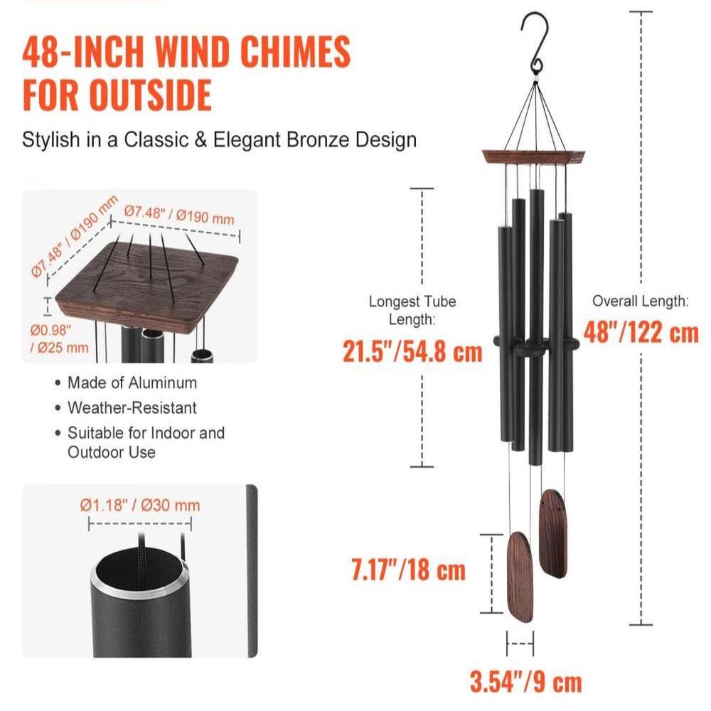 Wind Chimes for Outside, 48 in, Deep Tone Wind Chimes with 5 Tubes, Unique Large Memorial Wind Chimes for Anniversary, Amazing Outdoor Decor for Your Patio, Porch, Garden and Backyard, Black