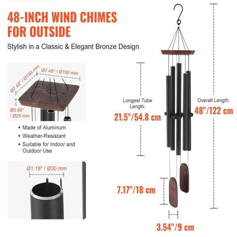 Wind Chimes for Outside, 48 in, Deep Tone Wind Chimes with 5 Tubes, Unique Large Memorial Wind Chimes for Anniversary, Amazing Outdoor Decor for Your Patio, Porch, Garden and Backyard, Black