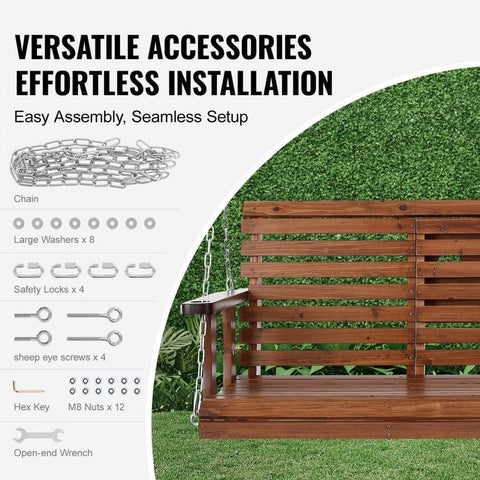 Wooden Porch Swing 5 ft, Patio bench swing for Courtyard & Garden, Upgraded 880 lbs Strong Load Capacity, Heavy Duty Swing Chair Bench with Hanging Chains for Outdoors, Brown