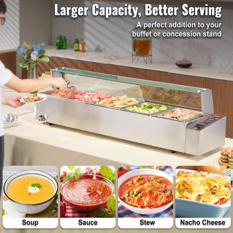 Commercial Electric Food Warmer Countertop Buffet 5*8Qt with Glass Shield