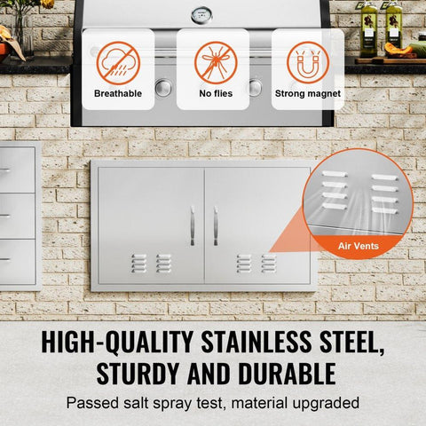 BBQ Access Door, 36W x 21H Inch Double Outdoor Kitchen Door, Stainless Steel Flush Mount Door, Wall Vertical Door with Handles and Vents, for BBQ Island, Grilling Station, Outside Cabinet