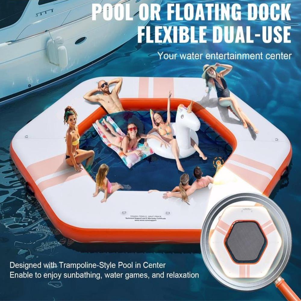 Inflatable Floating Dock 8.5 ft Platform with 5 ft Trampoline Mesh Pool Non Slip Water Mat with Portable Bag and Detachable Ladder for Pool and Beach Relaxation