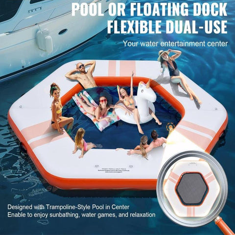 Inflatable Floating Dock 8.5 ft Platform with 5 ft Trampoline Mesh Pool Non Slip Water Mat with Portable Bag and Detachable Ladder for Pool and Beach Relaxation