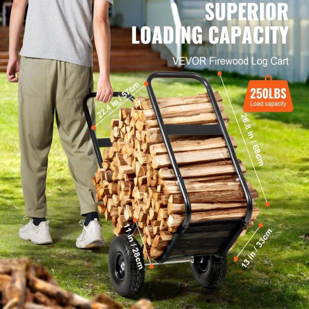 Firewood Log Cart, 250 lbs Capacity, Outdoor and Indoor Wood Rack Storage Mover with PU Wheels & Waterproof Cloth, Heavy Duty Steel Dolly Hauler, Firewood Carrier for Fireplace, Fire Pit, Black