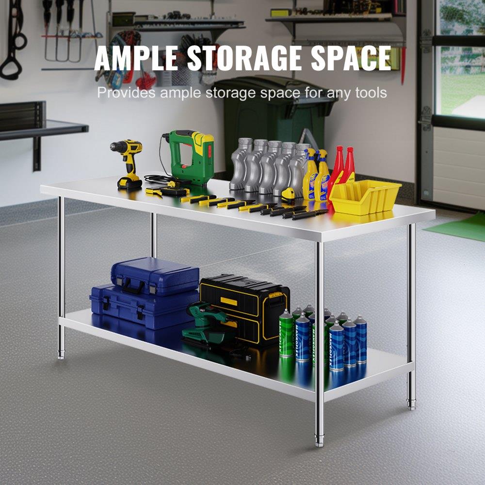 Stainless Steel Prep Table, 30 x 72 x 34 Inch, Heavy Duty Metal Worktable with 3 Adjustable Height Levels, Commercial Workstation for Kitchen Garage Restaurant Backyard
