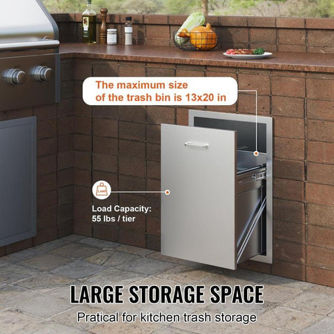 Pull Out Trash Drawer 17.7x25x22.8 Inch Raised Style Trash Bin with Pull-Out Tray Stainless Steel Trash Drawer with Handle for Outdoor Kitchen BBQ Island