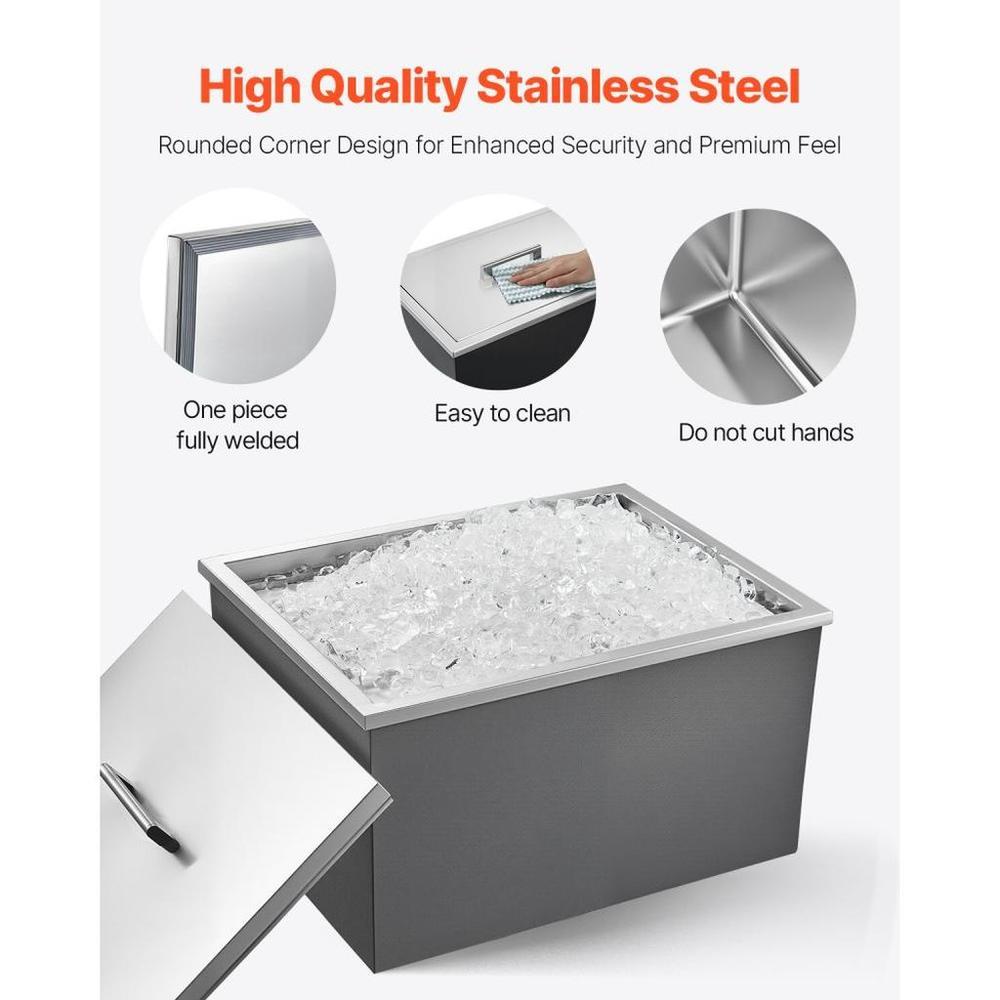 Drop in Ice Chest, 22"L x 17"W x 12"H Stainless Steel Drop in Cooler, 45.3 Quart Commercial Ice Bin with Pot Lid for Outdoor Kitchen Patio Bar, Drain-pipe Set Included, for Cold Wine Beer