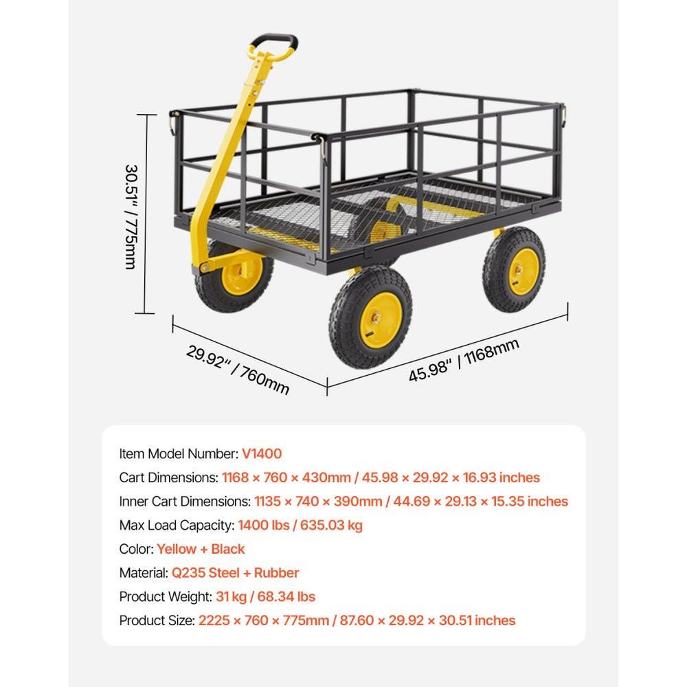 1400 Lbs Steel Garden Cart, Heavy Duty Pullable Garden Wagon Yard Cart, 2 in 1 Outdoor Metal Utility Wagon Yard Trailer with 13" All Terrain Tires, Mesh Removable Sides and 180°Rotating Handle