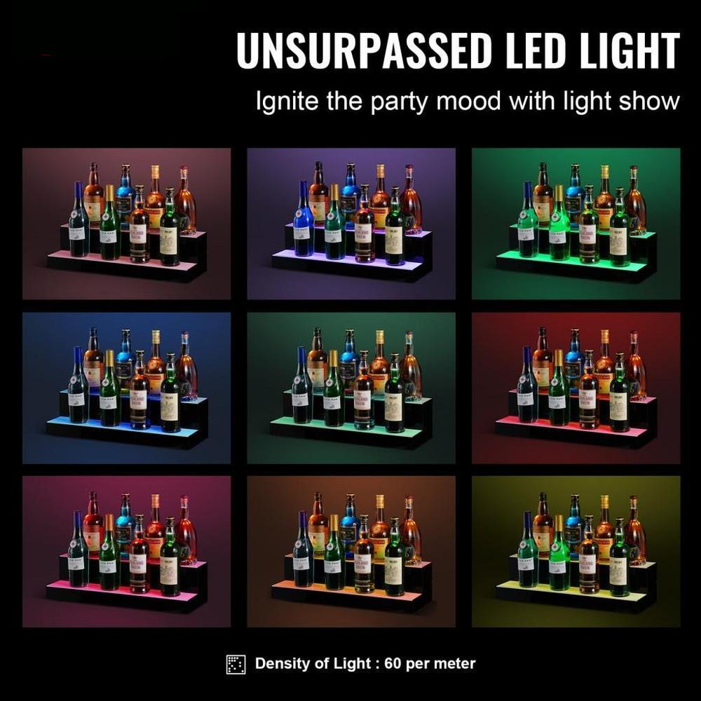 LED Lighted Liquor Bottle Display Bar Shelf RF App Control 24in 2 Step Remote Controlled Bar Shelf