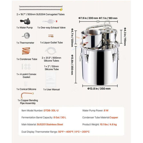 Alcohol Still, 8 Gal / 30 L Stainless Steel Water Alcohol Distiller with Copper Coil for Fast Cooling, Dual Condenser Distiller Kit with Secondary Distillation, for Wine Whisky Brandy, Silver