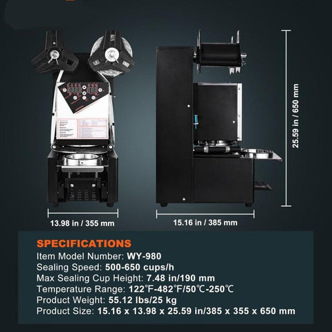Fully Automatic Cup Sealing Machine, 500-650 Cups/H, Cup Sealer Machine for 190 mm Tall & 90/95 mm Cup, Electric Tea Sealer with Digital Control LCD Panel for Bubble Milk Tea Coffee, Black