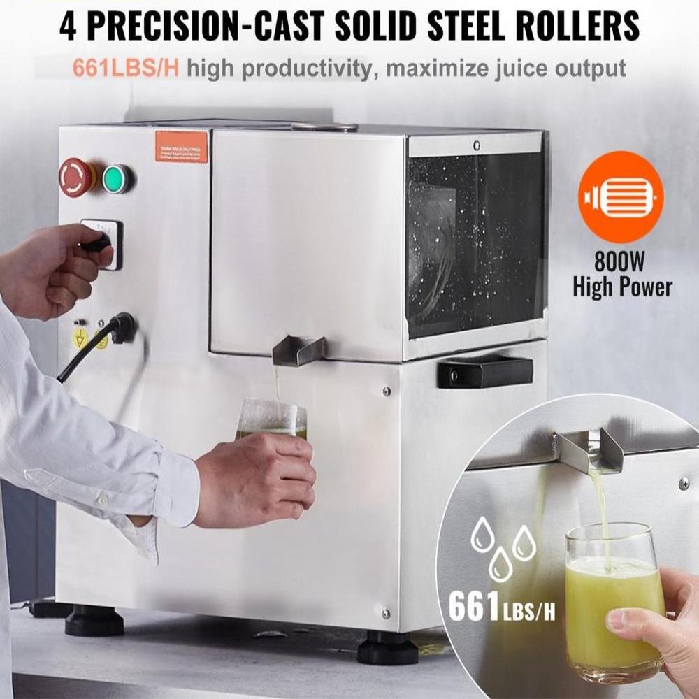 Electric Sugar Cane Juicer, 800W Sugarcane Juicer Machine with 661LBS/H High Output, 4 Stainless Steel Roller, Auto Roller Pressure Adjustment Sugarcane Juice Press Extractor for Home/Commercial