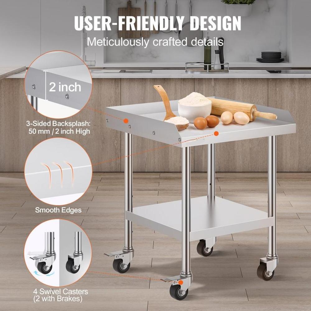 Stainless Steel Work Table, 24 x 24 x 30 Inch Commercial Food Prep Worktable with 4 Wheels, Casters, 3-Sided Backsplash Heavy Duty Prep Worktable, Metal Work Table for Restaurant Home Hotel