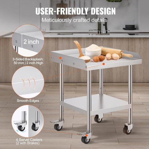 Stainless Steel Work Table, 24 x 24 x 30 Inch Commercial Food Prep Worktable with 4 Wheels, Casters, 3-Sided Backsplash Heavy Duty Prep Worktable, Metal Work Table for Restaurant Home Hotel