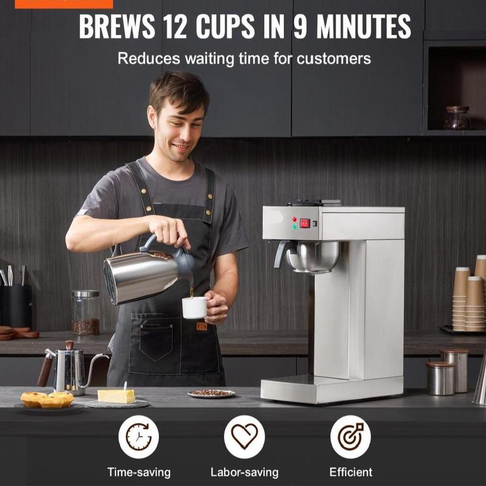 12 Cups Commercial Drip Coffee Maker with Thermal Carafe Restaurant Office Cafe