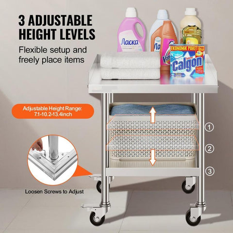 Stainless Steel Work Table, 24 x 24 x 30 Inch Commercial Food Prep Worktable with 4 Wheels, Casters, 3-Sided Backsplash Heavy Duty Prep Worktable, Metal Work Table for Restaurant Home Hotel