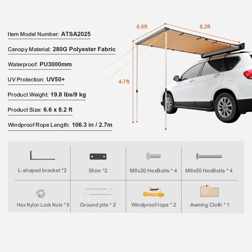 Car Side Awning, Large 6.6' x 8.2' Shade Coverage Vehicle Awning, PU3000mm UV50+ Retractable Car Awning with Waterproof Storage Bag, Height Adjustable, Suitable for Truck, SUV, Van, Campers