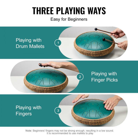 Steel Tongue Drum, 14 in & 15 Notes, Rain Drum for Outside Garden, D Major Key, Tank Drum with 2 Mallets & Carry Bag, Hand Pan Drum Percussion Instrument for Musical Education Yoga, Green