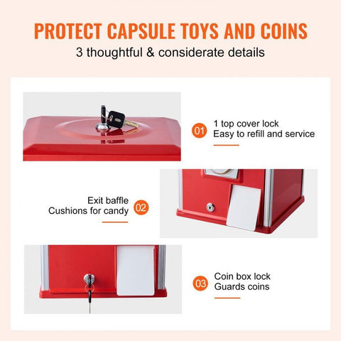 Gumball Machine for Kids, 21" Height Home Vending Machine, PS Bouncy Balls Dispenser, Hold 180 Capsule Toys, Rectangle Bubble Gum Machine for Game Stores, Coin Operated Gumball Bank, Red