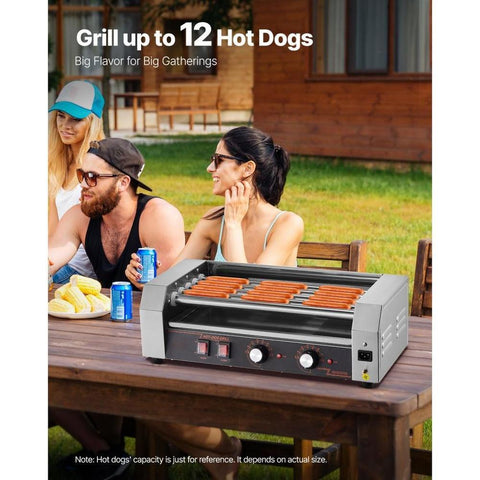 Hot Dog Roller, 12 Hot Dog 5 Rollers, Stainless Steel Sausage Grill Cooker, 750W Hot Dog Machine with Dual Temp Control, Removable Oil Drip Tray, for Party Home Commercial