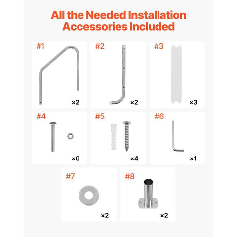 3-Step Stainless Steel Pool Ladder of 2 Handrails Loads 265 lb for 48-54 In Pool