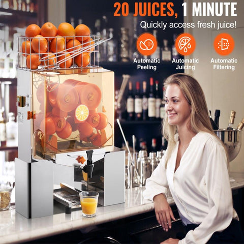 Commercial Orange Juicer Machine, 120W Automatic Juice Extractor with Water Tap, Stainless Steel Orange Squeezer 20 Oranges/Minute, with Pull-Out Filter Box, PC Cover, 2 Peel Collecting Buckets