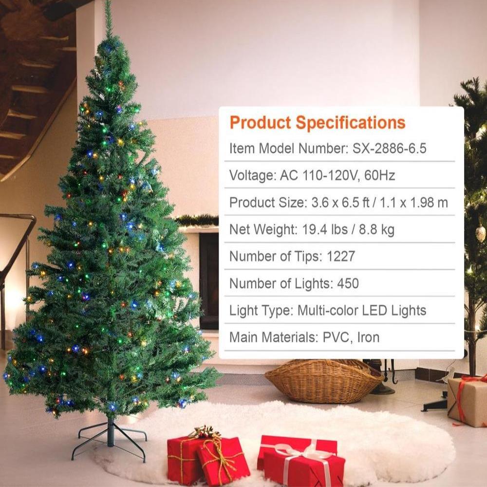 Christmas Tree 65 ft Prelit Artificial Xmas Tree with 450 Multicolor LED Lights 1227 Branch Tips and Metal Base for Home Party Office Decoration