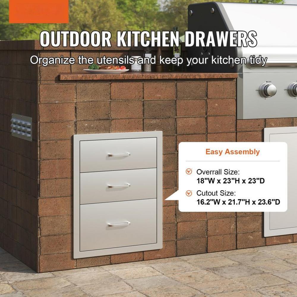 18x20.5 Inch Outdoor Kitchen Stainless Steel Triple Access BBQ Drawers with Chrome Handle, 18 x23 x 23 Inch