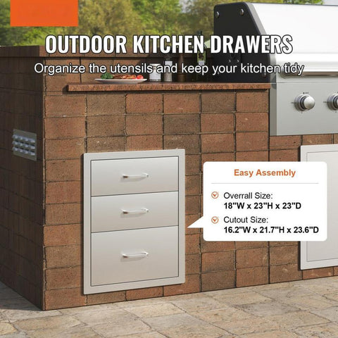 18x20.5 Inch Outdoor Kitchen Stainless Steel Triple Access BBQ Drawers with Chrome Handle, 18 x23 x 23 Inch