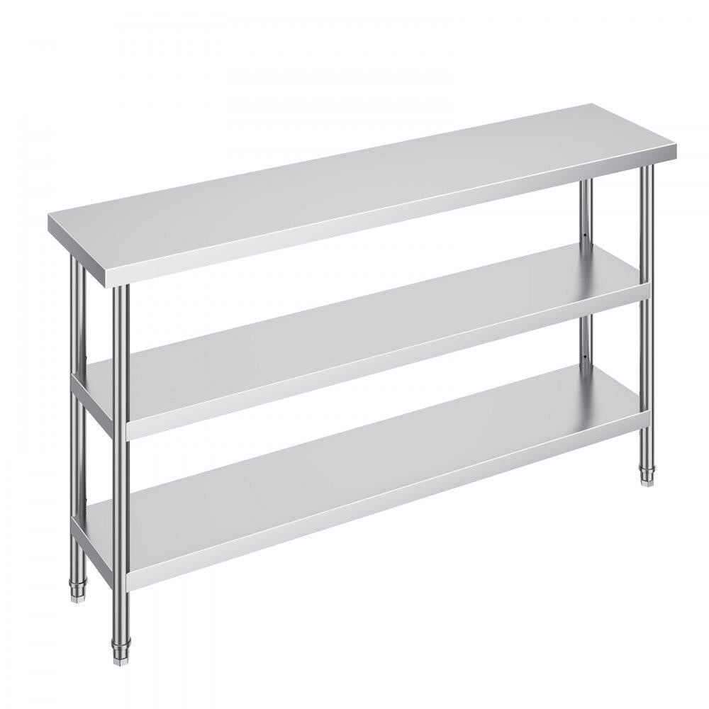 Stainless Steel Food Prep Table, 14 x 60 x 34 Inch Commercial Kitchen Worktable, with 2 Adjustable Undershelf, Heavy Duty Prep Table Metal Work Table for BBQ, Kitchen, Home, and Garage