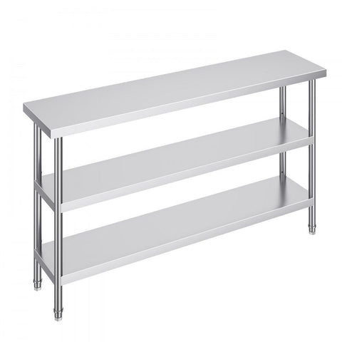 Stainless Steel Food Prep Table, 14 x 60 x 34 Inch Commercial Kitchen Worktable, with 2 Adjustable Undershelf, Heavy Duty Prep Table Metal Work Table for BBQ, Kitchen, Home, and Garage