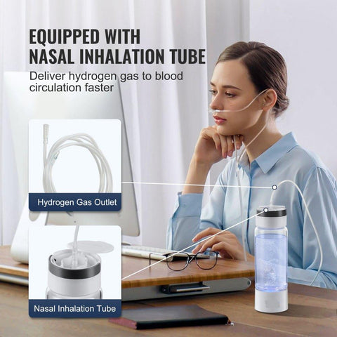 Hydrogen Water Bottle Generator, 380 ml / 13.4 oz Capacity Portable Hydrogen Water Maker, SPE Technology Hydrogen Rich Water Ionizer Machine with Nasal Inhalation Tube and Self-Cleaning