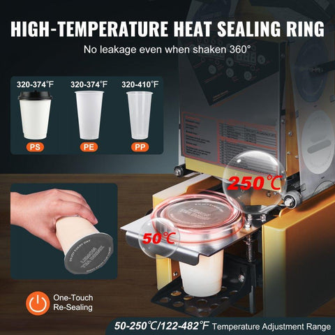 Fully Automatic Cup Sealing Machine, 500-650 Cups/H, Cup Sealer Machine for 190 mm Tall & 90/95 mm Cup, Electric Tea Sealer with Digital Control LCD Panel for Bubble Milk Tea Coffee, Gold