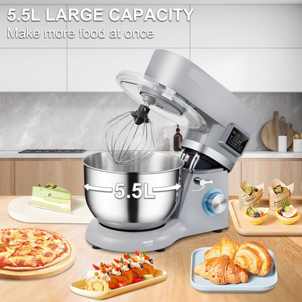 Stand Mixer, 660W Electric Dough Mixer with 6 Speeds LCD Screen Timing, Tilt-Head Food Mixer with 5.8 Qt Stainless Steel Bowl, Dough Hook, Flat Beater, Whisk, Scraper, Splash-Proof Cover - Gray