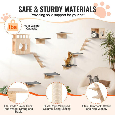 Wall Mounted Cat Shelves Tree with Jumping Boards Nests Hammock Set of 9