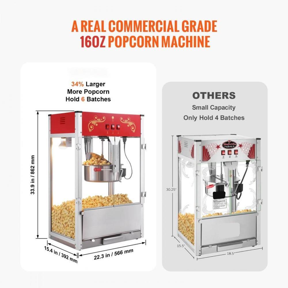 Popcorn Maker, 1615W Popcorn Popper Machine, 16 Oz Kettle Large Capacity Countertop Popcorn Maker with Tempered Glass, Includes 3 Stainless Steel Scoops, Movie Theater Style, Red