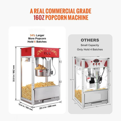 Popcorn Maker, 1615W Popcorn Popper Machine, 16 Oz Kettle Large Capacity Countertop Popcorn Maker with Tempered Glass, Includes 3 Stainless Steel Scoops, Movie Theater Style, Red