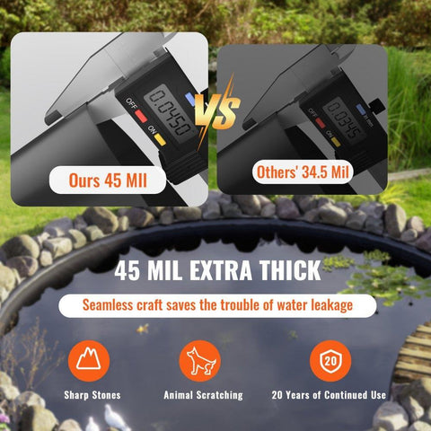 Pond Liner, 15 x 20 ft 45 Mil Thickness, Pliable EPDM Material Pond Skins, Easy Cutting Underlayment for Fish or Koi Ponds, Water Features, Waterfall Base, Fountains, Water Gardens, Black