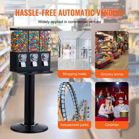 Commercial Vending Machine, Triple Compartment Candy Dispenser with Iron Stand, Gumball and Candy Machine for Business, Coin Operated Gumball Bank for Toy Capsules Bouncy Balls Candy Nut, Black