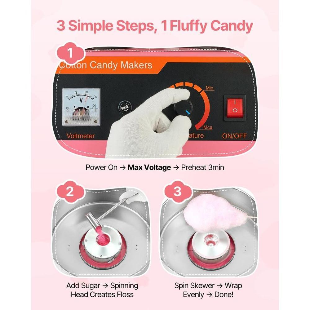 Cotton Candy Machine Commercial, 1000W Electric Candy Floss Maker, Easy Use with 15 inch Stainless Steel Bowl and Sugar Scoop, Makes Hard Candy for Home Kids Birthday, Family Party, Pink